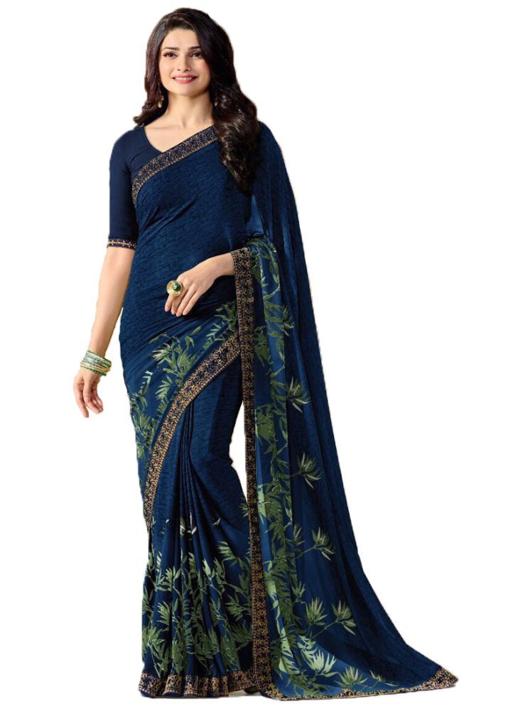     			KSNDV Trendz Georgette Printed Saree With Blouse Piece - Navy Blue ( Pack of 1 )