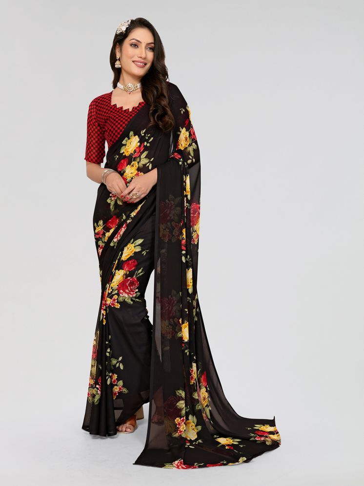     			Kashvi Sarees Georgette Printed Saree With Blouse Piece - Black ( Pack of 1 )