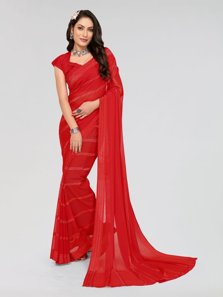     			Kashvi Sarees Satin Striped Saree With Blouse Piece - Red ( Pack of 1 )