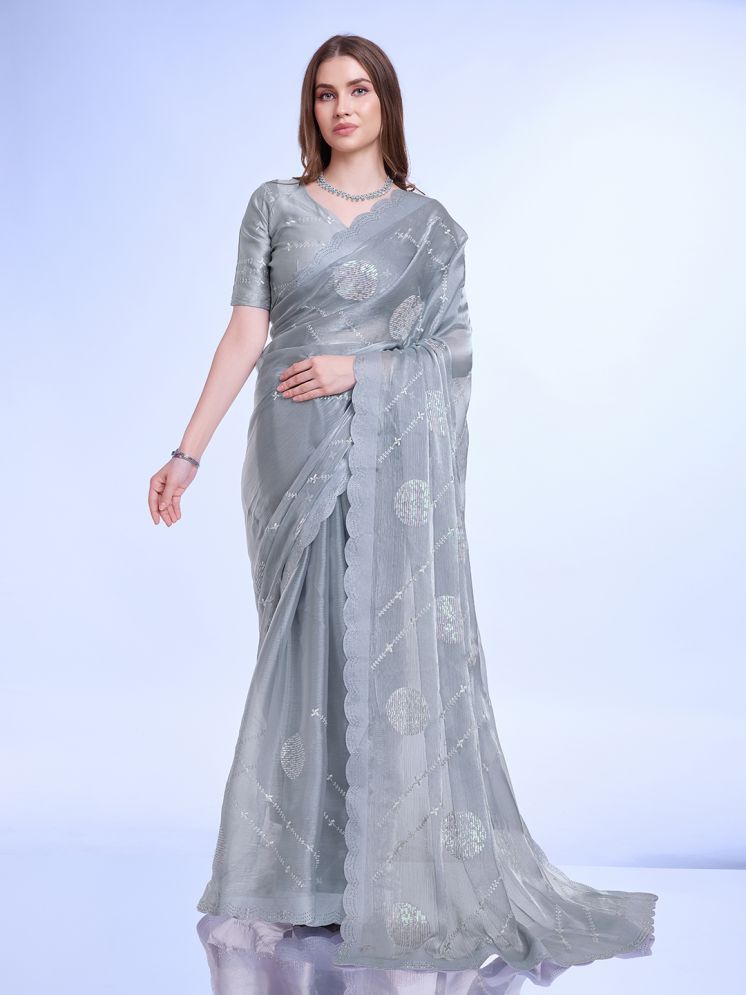     			Rekha Maniyar Chiffon Embellished Saree With Blouse Piece - Grey ( Pack of 1 )