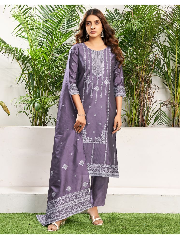     			Skylee Silk Blend Embellished Kurti With Pants Women's Stitched Salwar Suit - Purple ( Pack of 1 )