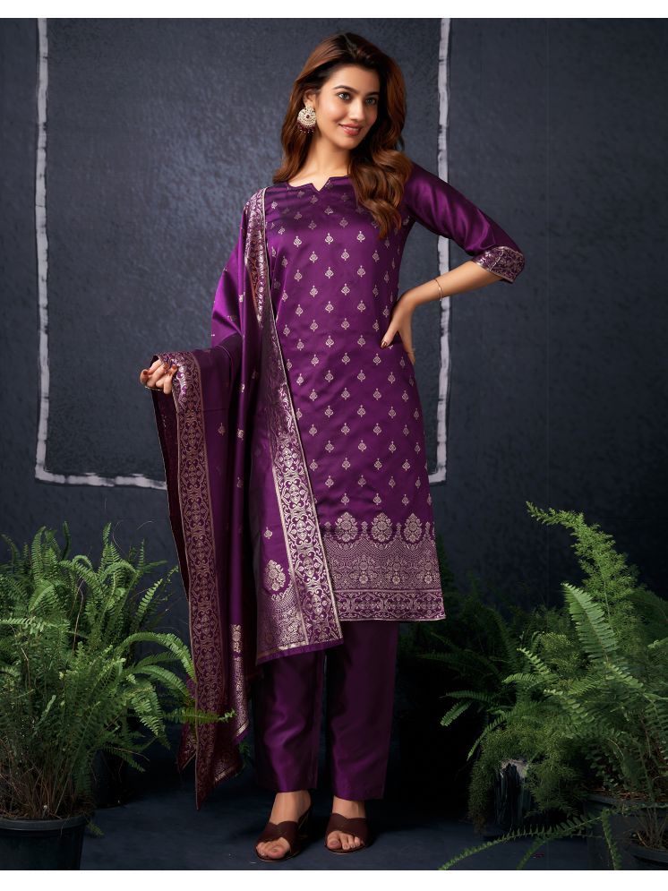     			Skylee Silk Blend Embellished Kurti With Pants Women's Stitched Salwar Suit - Purple ( Pack of 1 )