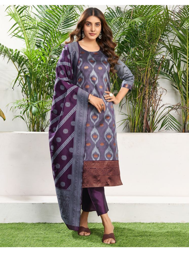     			Skylee Silk Blend Printed Kurti With Pants Women's Stitched Salwar Suit - Purple ( Pack of 1 )