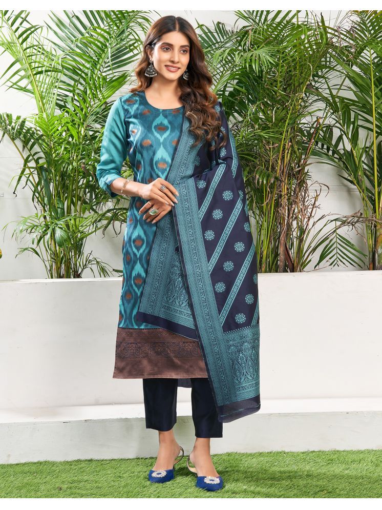     			Skylee Silk Blend Printed Kurti With Pants Women's Stitched Salwar Suit - Turquoise ( Pack of 1 )