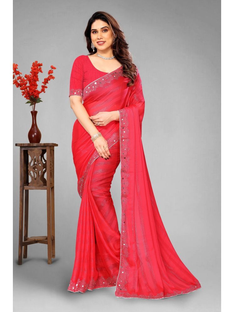     			VEERAIVA Chiffon Embellished Saree With Blouse Piece - Pink ( Pack of 1 )