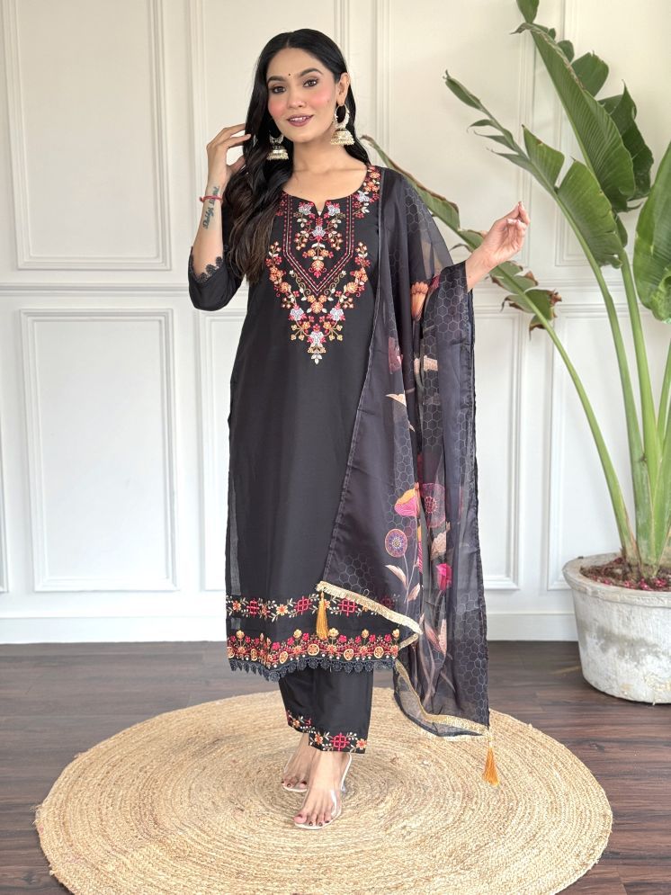     			Vividvibe Chanderi Embroidered Kurti With Pants Women's Stitched Salwar Suit - Black ( Pack of 1 )