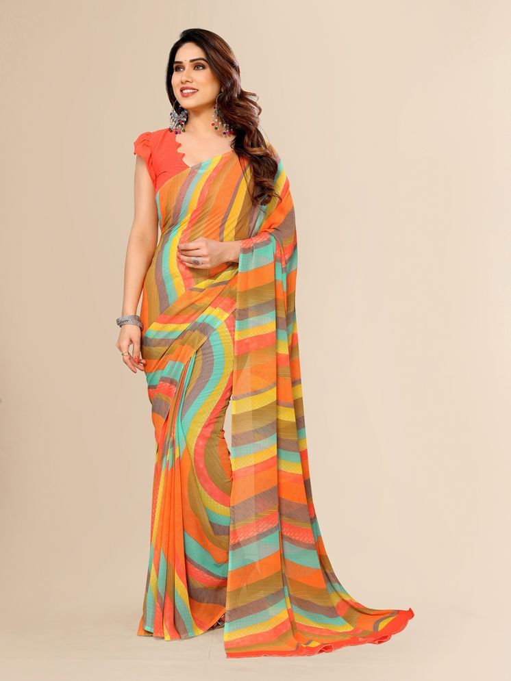     			ANAND SAREES Georgette Striped Saree With Blouse Piece - Orange ( Pack of 1 )