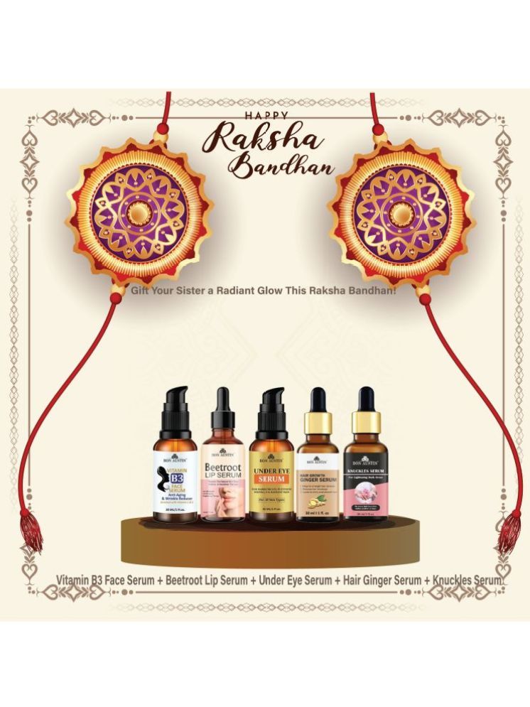     			Bon Austin Vitamin B3 Facial Serum, Beetroot Lip Serum, Under Eye Serum, Ginger Hair Growth Serum & Knuckle Skin Serum (Each, 30ml) Set of 5 Items