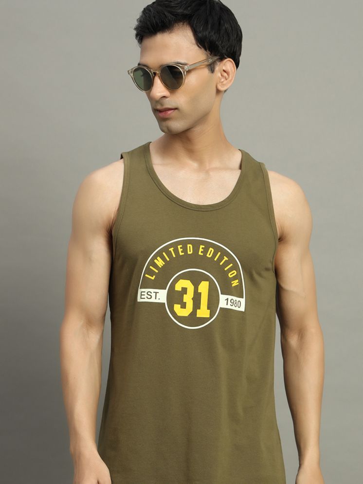     			GET GOLF Cotton Blend Regular Fit Printed Sleeveless Men's Round T-Shirt - Olive Green ( Pack of 1 )