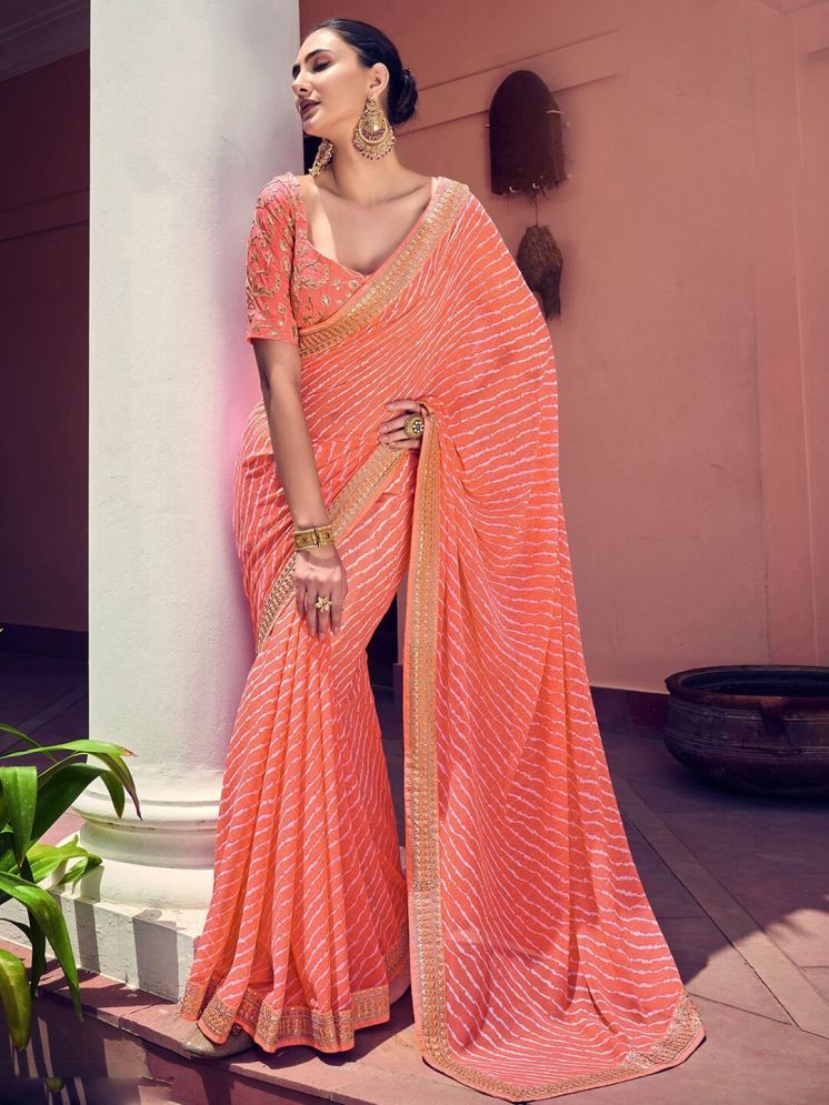     			Nandini Creation Chiffon Striped Saree With Blouse Piece - Orange ( Pack of 1 )