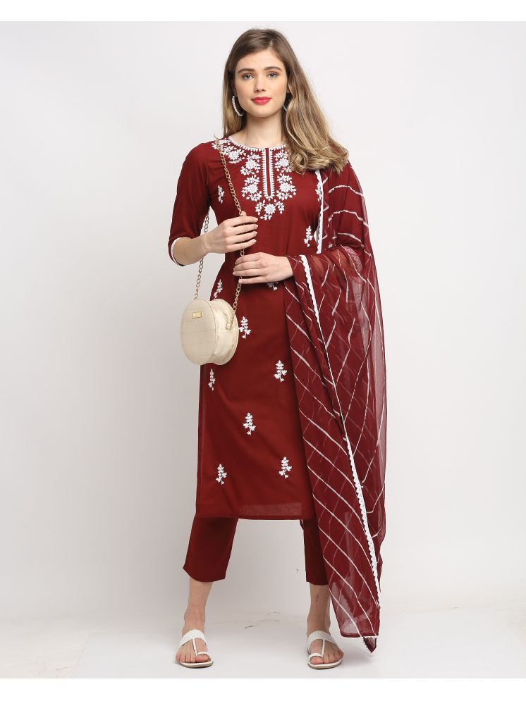     			Rajnandini Cotton Embroidered Kurti With Pants Women's Stitched Salwar Suit - Wine ( Pack of 1 )