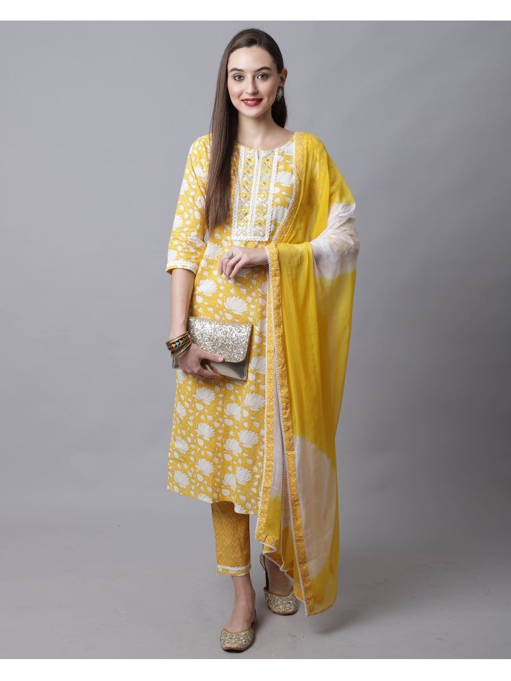     			Rajnandini Cotton Printed Kurti With Pants Women's Stitched Salwar Suit - Yellow ( Pack of 1 )