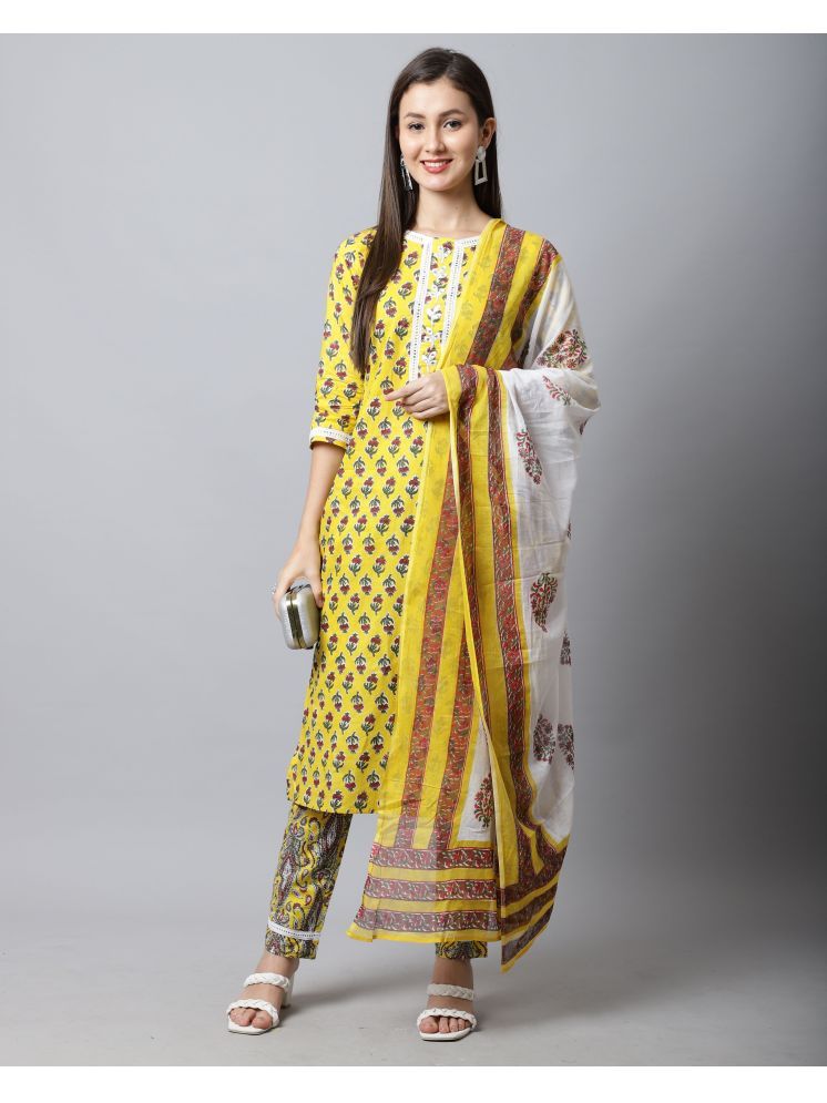     			Rajnandini Cotton Printed Kurti With Pants Women's Stitched Salwar Suit - Yellow ( Pack of 1 )