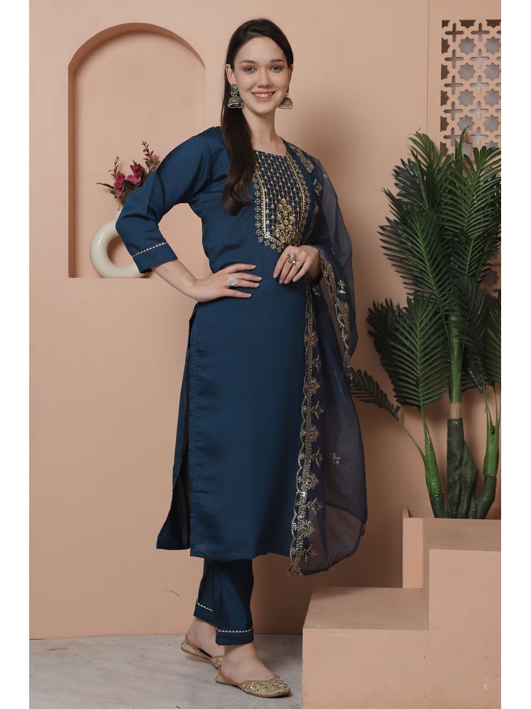     			Rajnandini Silk Embroidered Kurti With Pants Women's Stitched Salwar Suit - Blue ( Pack of 1 )