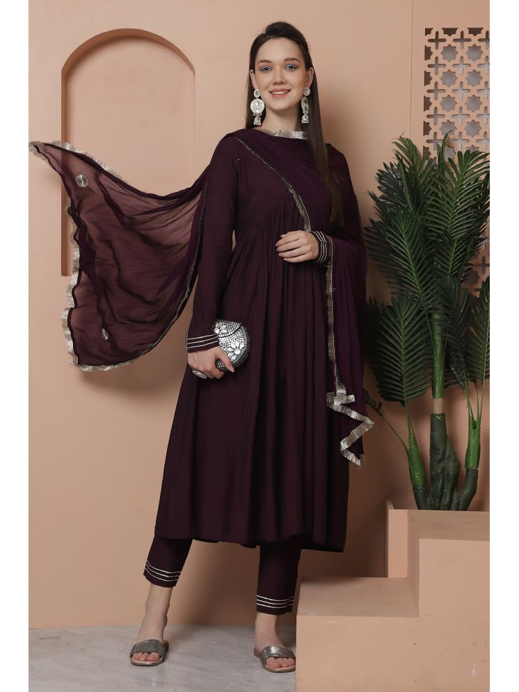     			Rajnandini Silk Striped Kurti With Pants Women's Stitched Salwar Suit - Wine ( Pack of 1 )