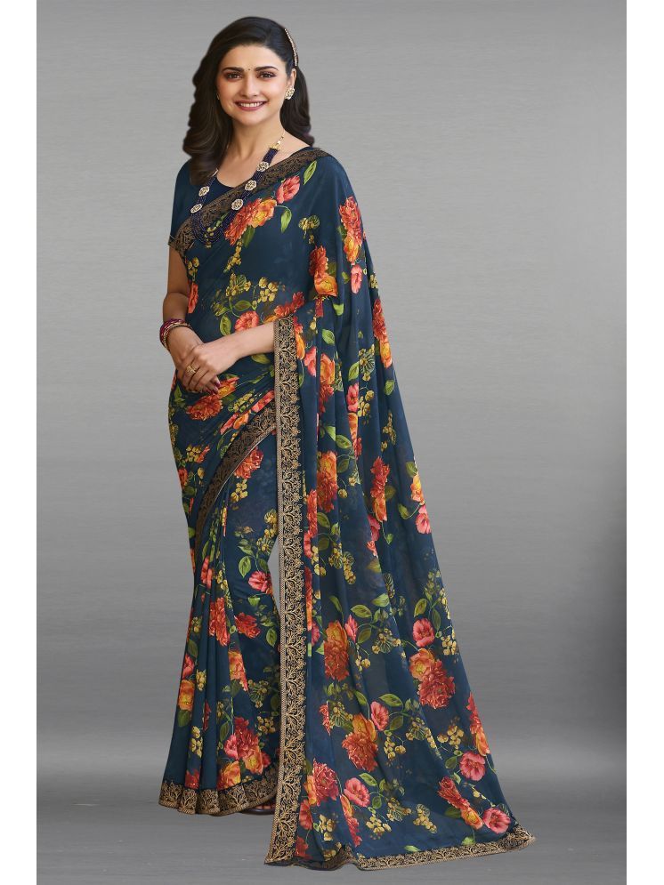     			Rangita Georgette Printed Saree With Blouse Piece - Navy Blue ( Pack of 1 )