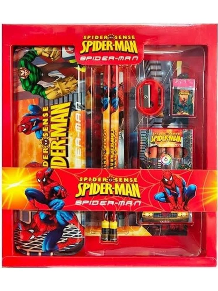     			Superhero Spiderman Theme Stationery Set Cartoon Printed Pencil Box With Pencil, Eraser, Sharpener, Scale, Crayons Stationery Gift Set Kit For Kids, Boys, Girls - Metal, Red