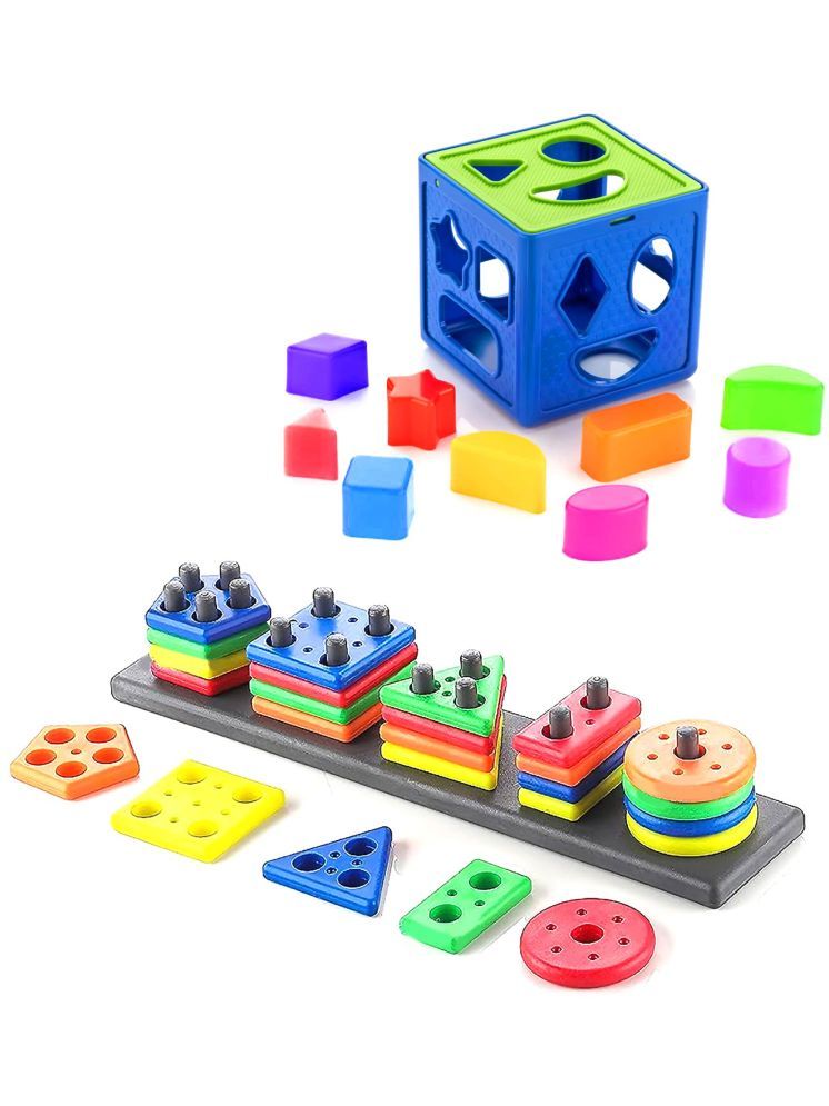     			TOY DEKHO Buy 1 Get 1 Combo (Plastic Shape Sorter Cube Block 9 Pcs Toy + Long Shape Stacker Puzzle Game) Multicolor Baby Activity Toys For Boys Girls 3,4,5,6+ years