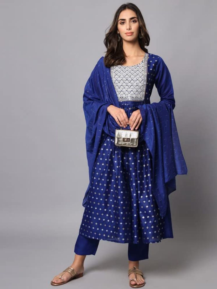     			VredeVogel Chanderi Embroidered Kurti With Pants Women's Stitched Salwar Suit - Blue ( Pack of 1 )