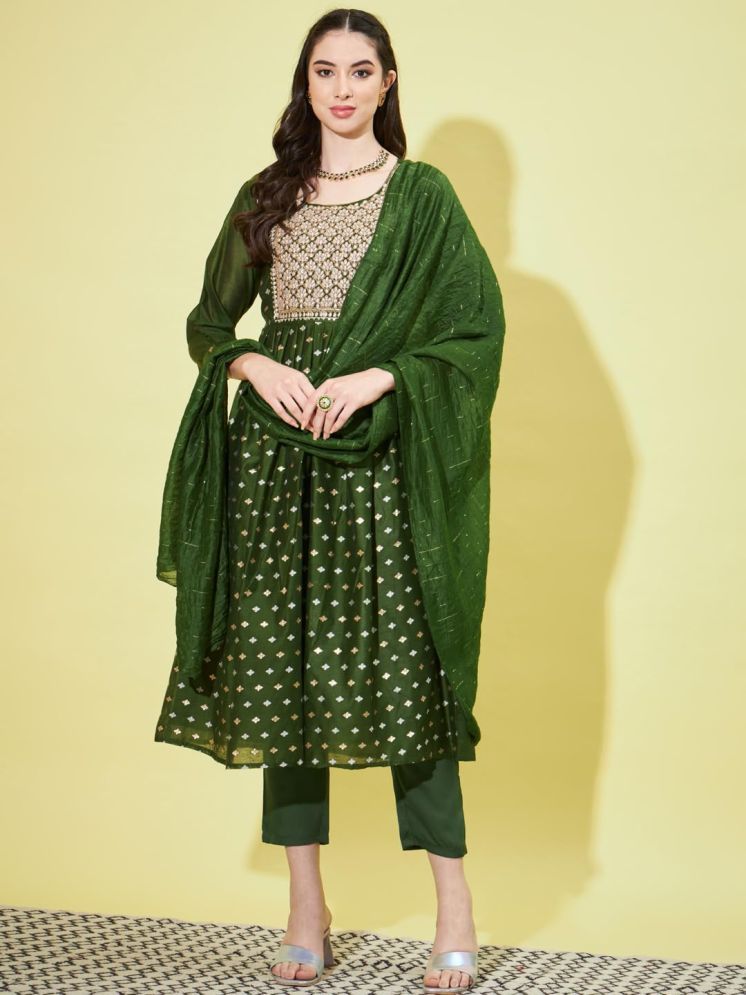     			VredeVogel Chanderi Embroidered Kurti With Pants Women's Stitched Salwar Suit - Green ( Pack of 1 )