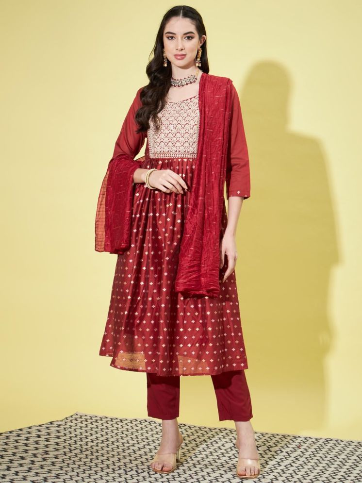     			VredeVogel Chanderi Embroidered Kurti With Pants Women's Stitched Salwar Suit - Maroon ( Pack of 1 )