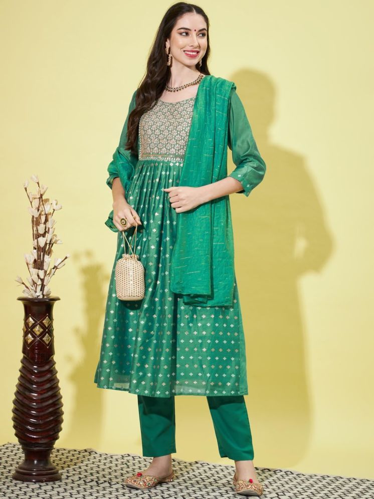     			VredeVogel Chanderi Embroidered Kurti With Pants Women's Stitched Salwar Suit - Green ( Pack of 1 )