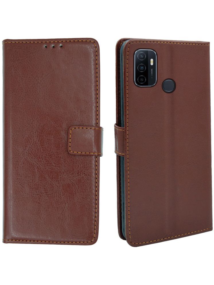     			flip flow Brown Flip Cover Artificial Leather Compatible For Oppo A53 ( Pack of 1 )