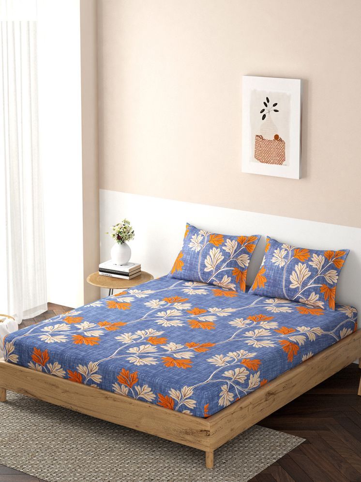     			HOKIPO Microfibre Floral Fitted Fitted bedsheet with 2 Pillow Covers ( Queen Size ) - Blue