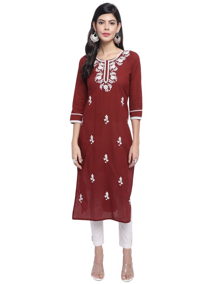     			Rajnandini Cotton Embroidered Straight Women's Kurti - Maroon ( Pack of 1 )