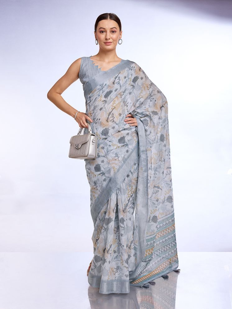     			Rekha Maniyar Linen Printed Saree With Blouse Piece - Grey ( Pack of 1 )