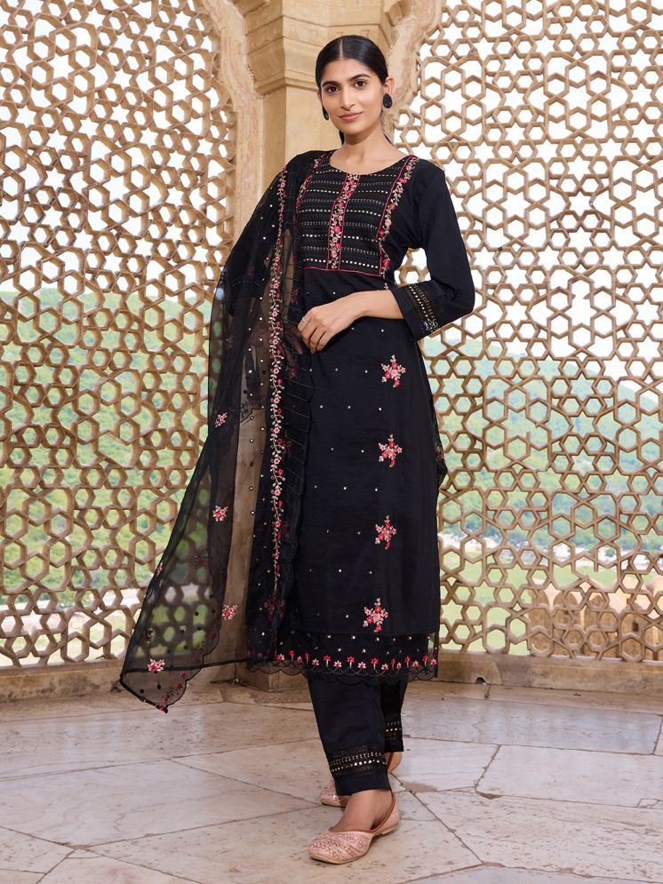     			Vaamsi Silk Blend Embroidered Kurti With Pants Women's Stitched Salwar Suit - Black ( Pack of 1 )