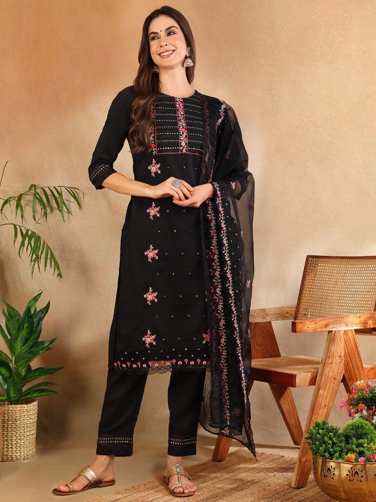     			Vaamsi Silk Blend Embroidered Kurti With Pants Women's Stitched Salwar Suit - Black ( Pack of 1 )