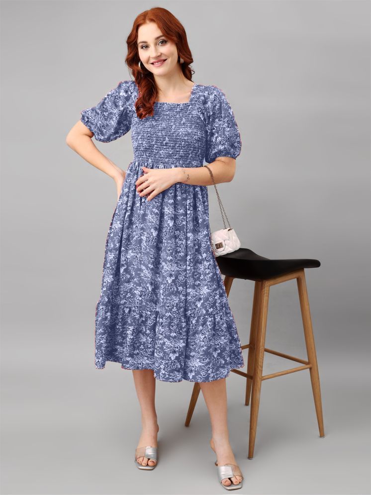     			Femvy Polyester Printed Midi Women's Fit & Flare Dress - Blue ( Pack of 1 )