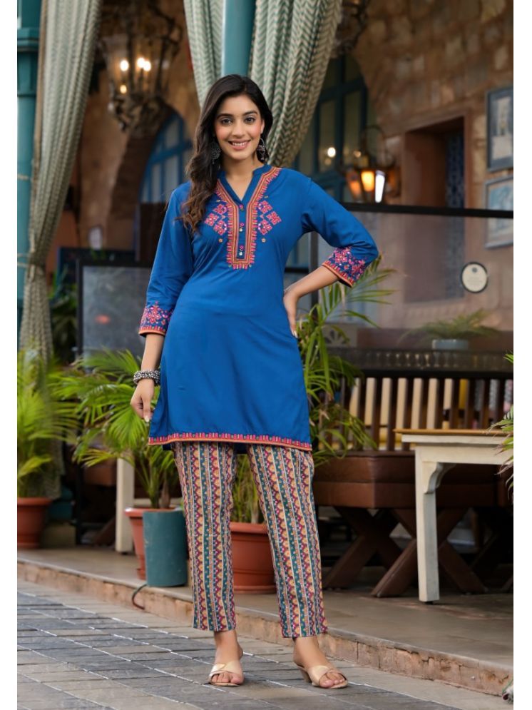     			Juniper Rayon Embroidered Kurti With Pants Women's Stitched Salwar Suit - Blue ( Pack of 1 )