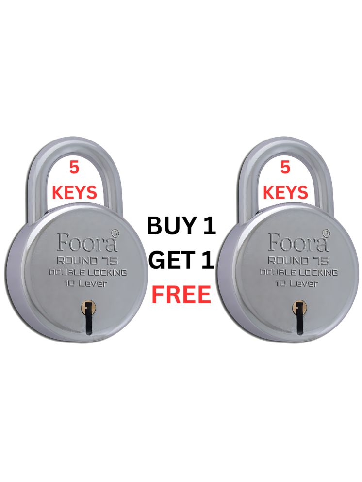     			Foora Big Size Lock and Keys Door Lock for Home - Round 75mm Padlock with 5 Keys Each, Double Locking 8 Lever for Gates, Shop Shutters (Round 75mm Big Boss Pack of 2), Buy 1 Get 1 Free