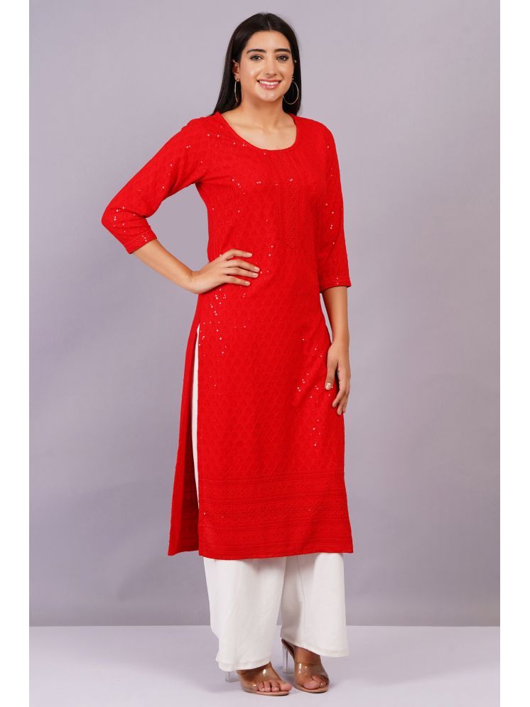     			HIGHLIGHT FASHION EXPORT Rayon Embellished Straight Women's Kurti - Red ( Pack of 1 )