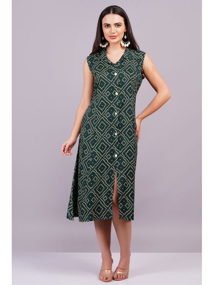     			HIGHLIGHT FASHION EXPORT Rayon Printed Midi Women's Shirt Dress - Green ( Pack of 1 )