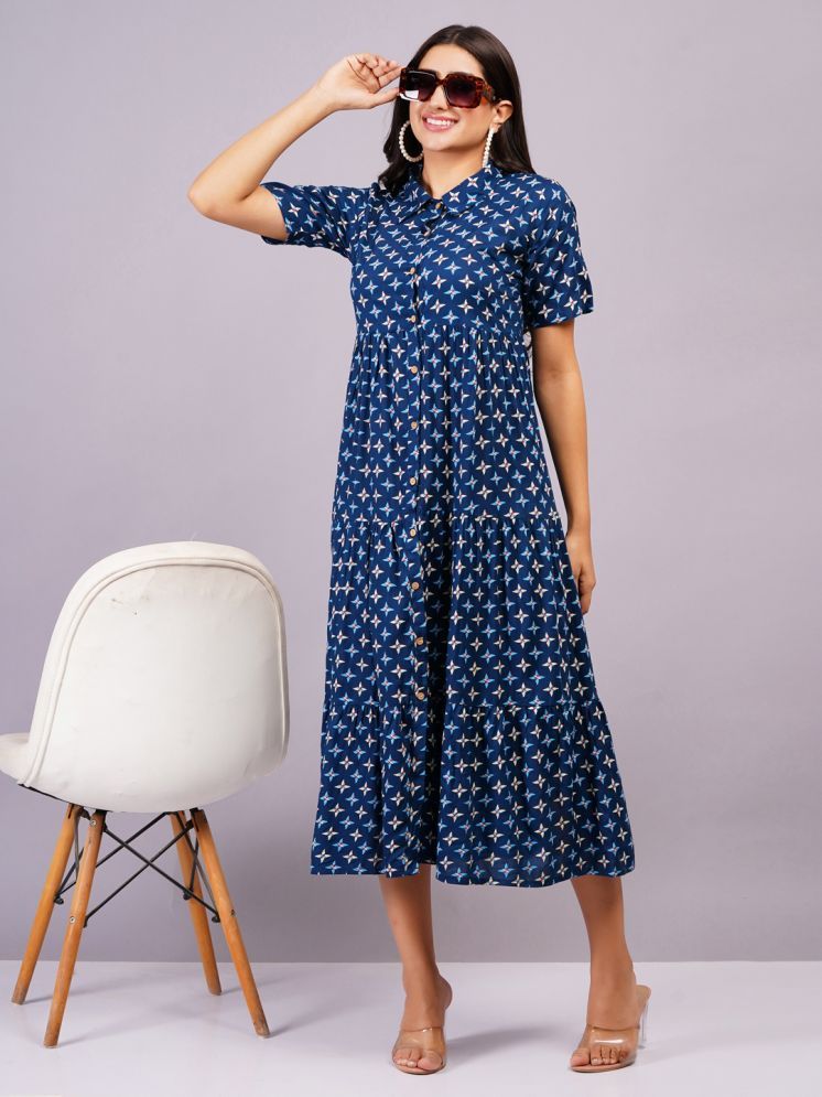     			Jyoti Rayon Printed Midi Women's Shirt Dress - Navy ( Pack of 1 )