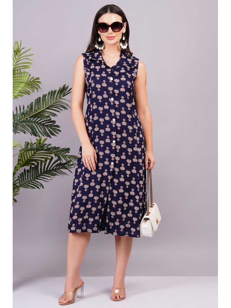     			Jyoti Rayon Printed Midi Women's Shirt Dress - Navy Blue ( Pack of 1 )