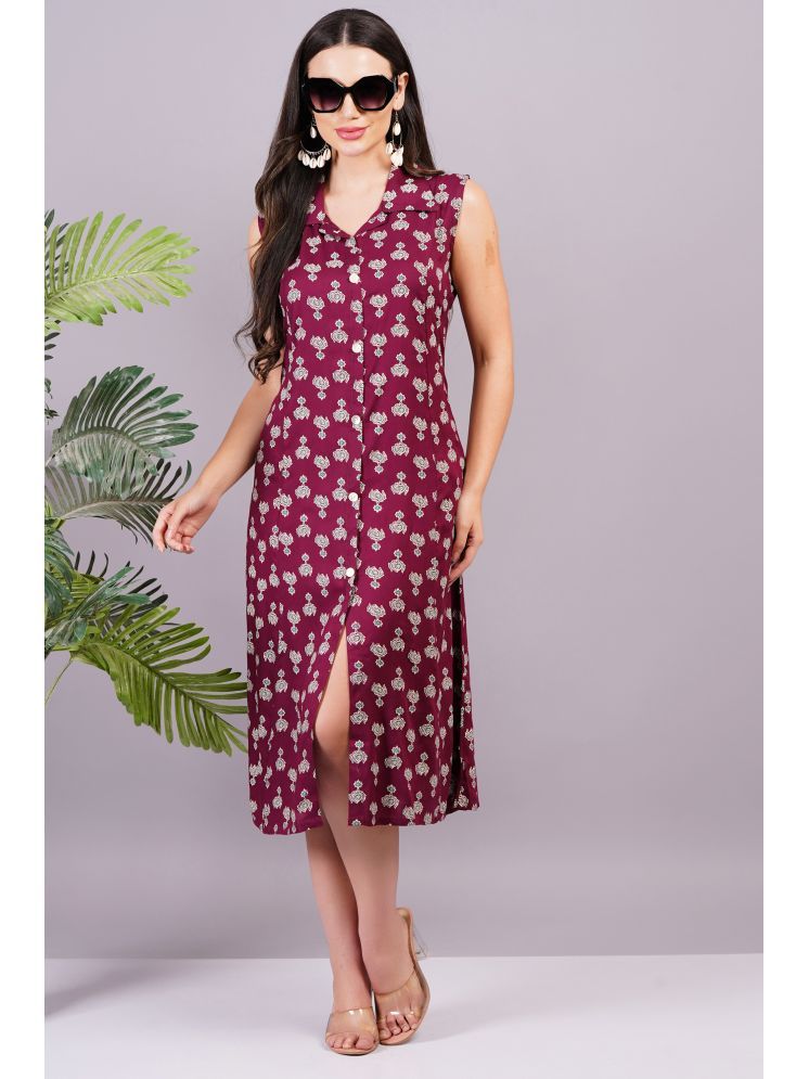     			Jyoti Rayon Printed Midi Women's Shirt Dress - Maroon ( Pack of 1 )