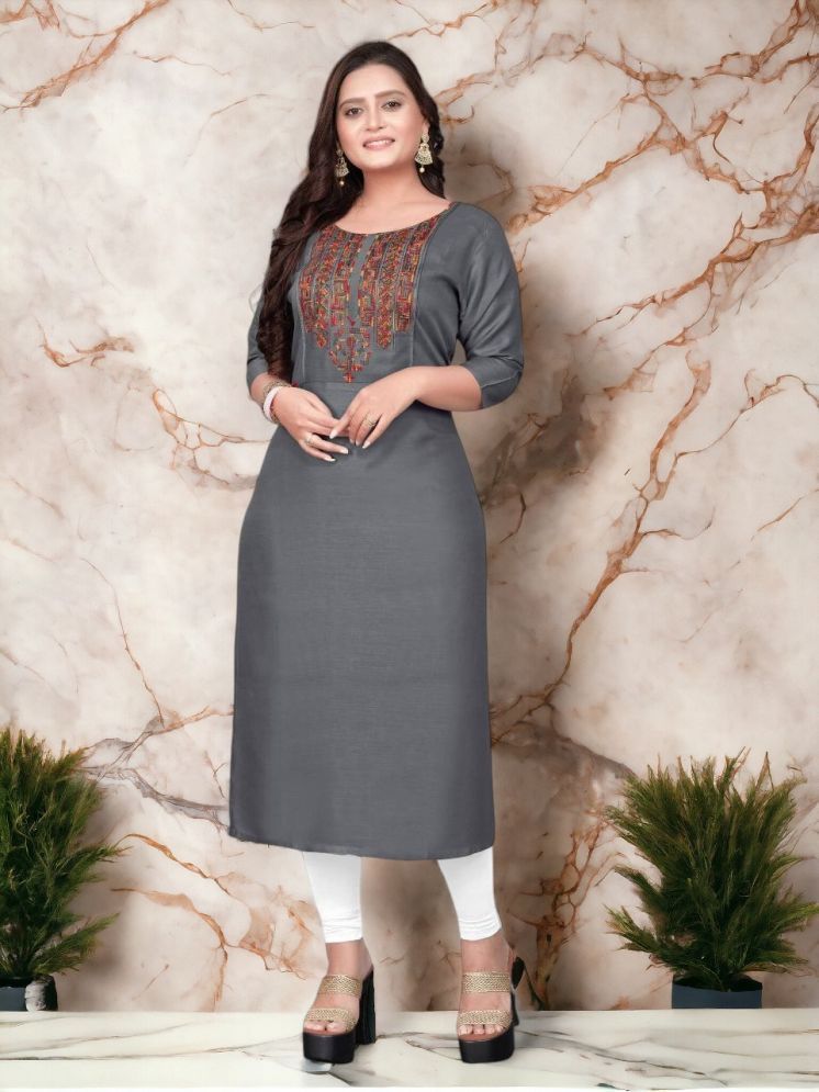     			SHIPYA Cotton Blend Embroidered Straight Women's Kurti - Grey ( Pack of 1 )