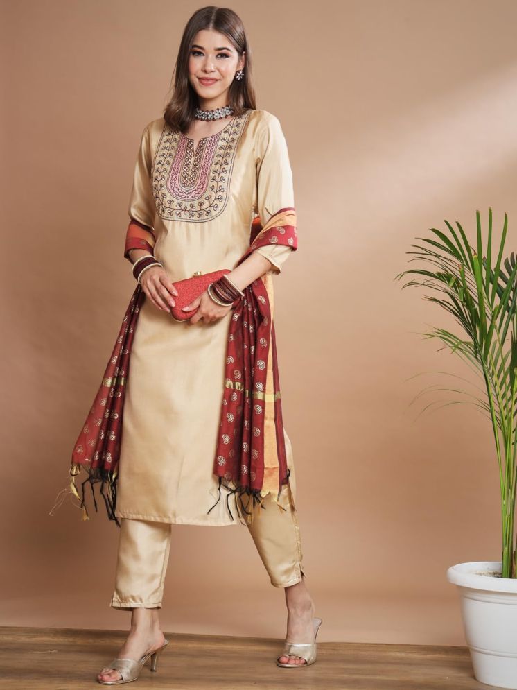     			VredeVogel Silk Blend Embroidered Kurti With Pants Women's Stitched Salwar Suit - Beige ( Pack of 1 )