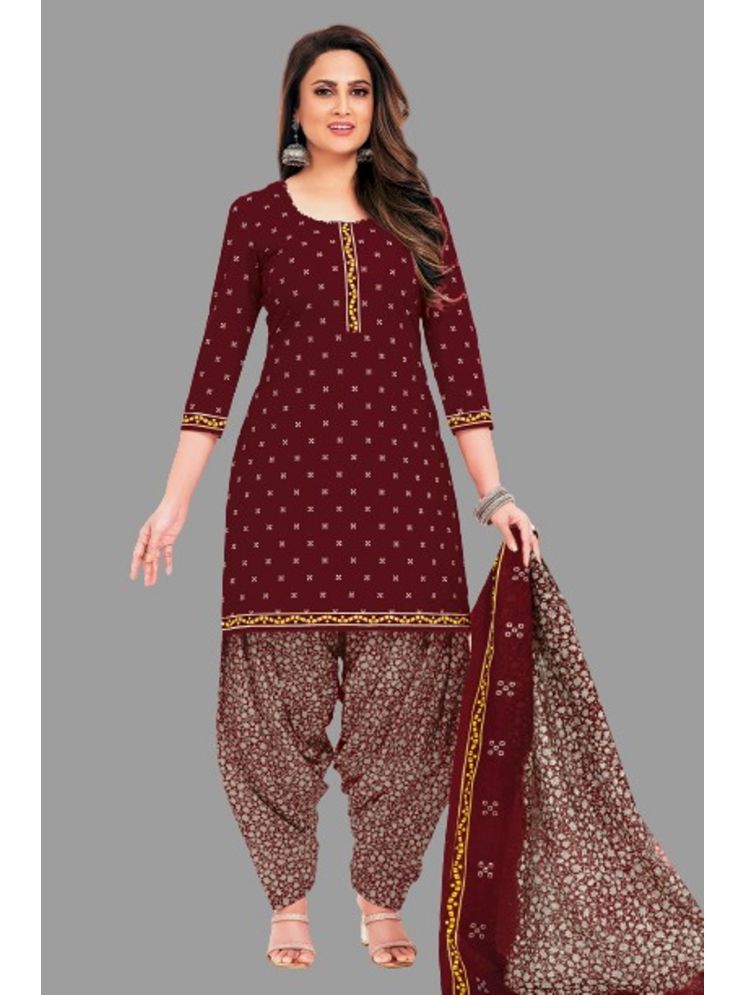     			shree jeenmata collection Cotton Printed Kurti With Patiala Women's Stitched Salwar Suit - Maroon ( Pack of 1 )