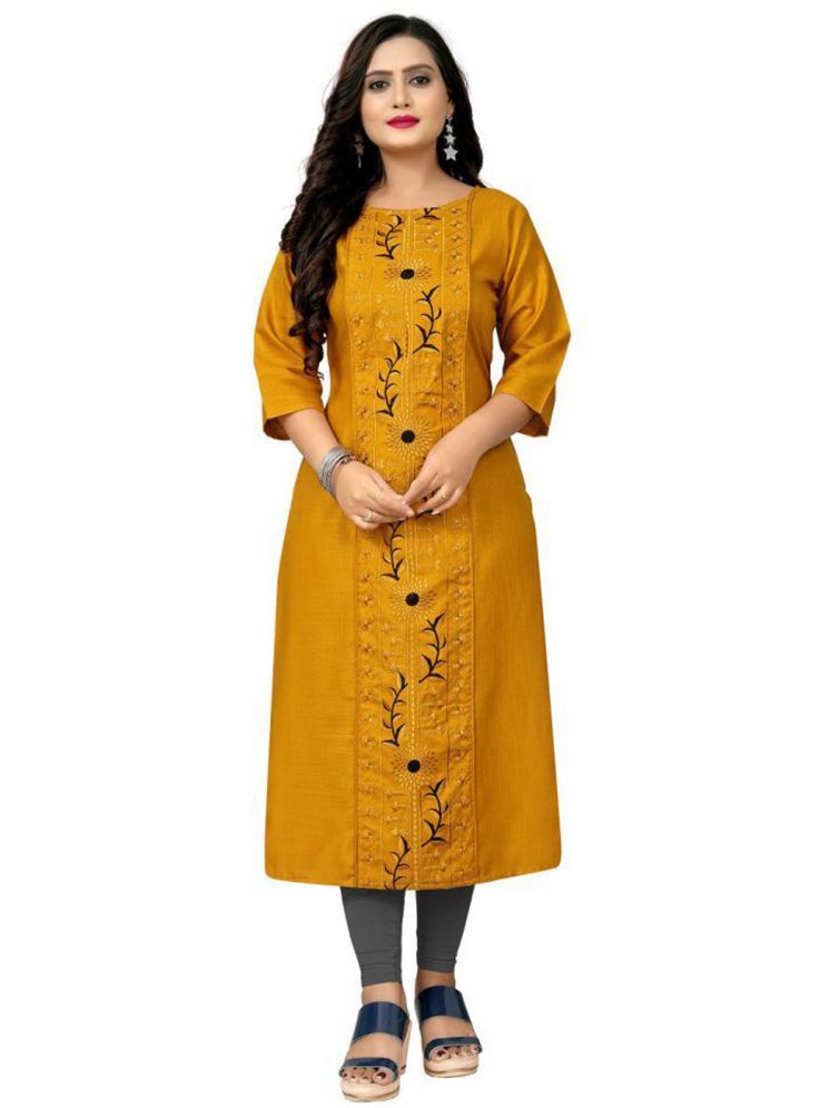     			SHIPYA Cotton Blend Embroidered Straight Women's Kurti - Mustard ( Pack of 1 )