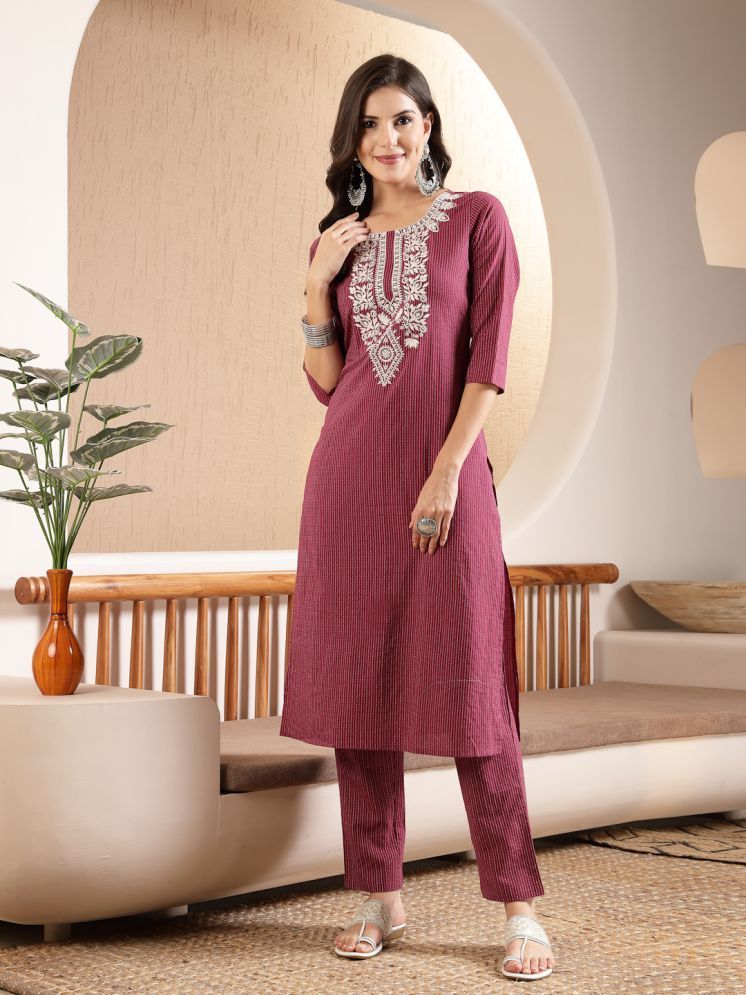     			Stylum Cotton Embroidered Kurti With Pants Women's Stitched Salwar Suit - Magenta ( Pack of 1 )