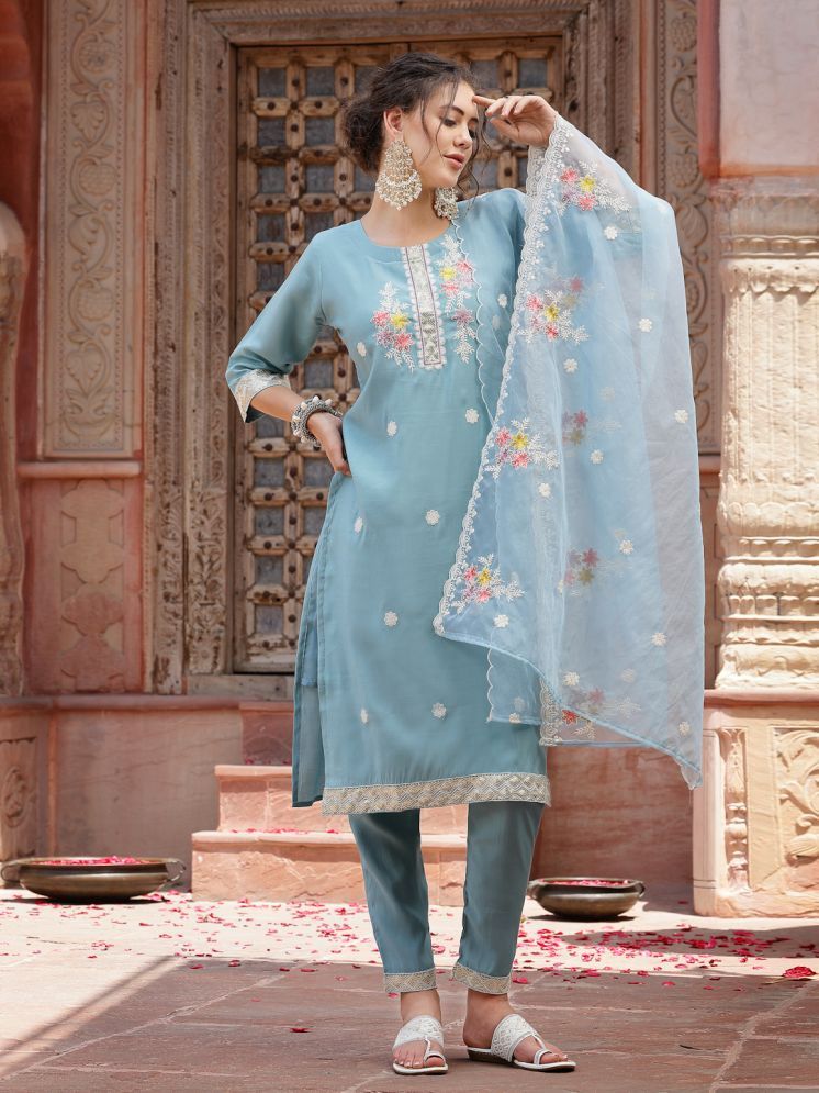     			Stylum Silk Blend Embroidered Kurti With Pants Women's Stitched Salwar Suit - Blue ( Pack of 1 )