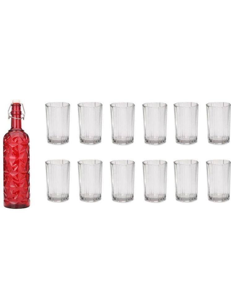     			1st Time Glass Serving Set with Bottle Red Glass Fridge Water Bottle 200 mL ( Set of 13 )