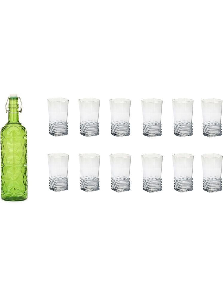     			1st Time Glass Serving Set with Bottle Green Glass Fridge Water Bottle 300 mL ( Set of 13 )