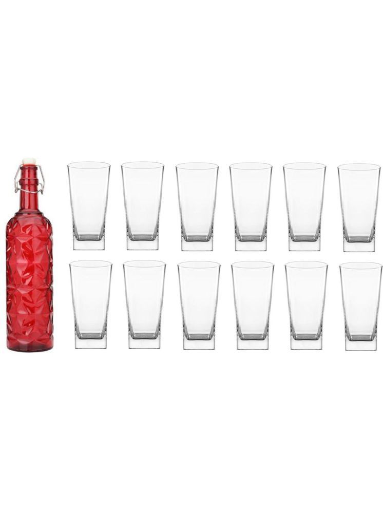     			1st Time Glass Serving Set with Bottle Red Glass Fridge Water Bottle 350 mL ( Set of 13 )