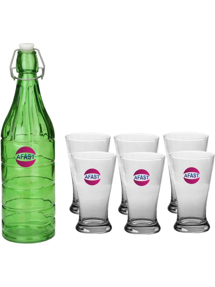     			1st Time Glass Serving Set with Bottle Multicolor Glass Fridge Water Bottle 300 mL ( Set of 7 )